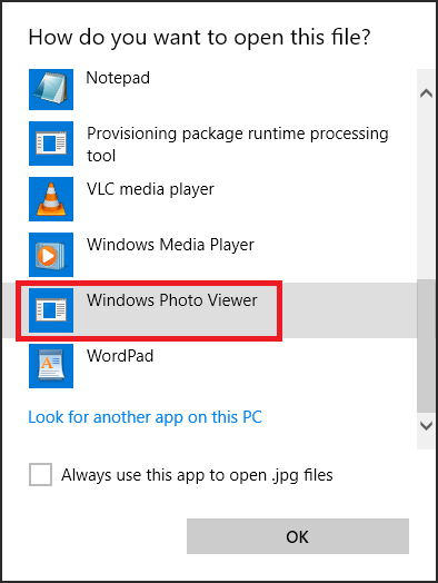 Photo Viewer open with Windows 10